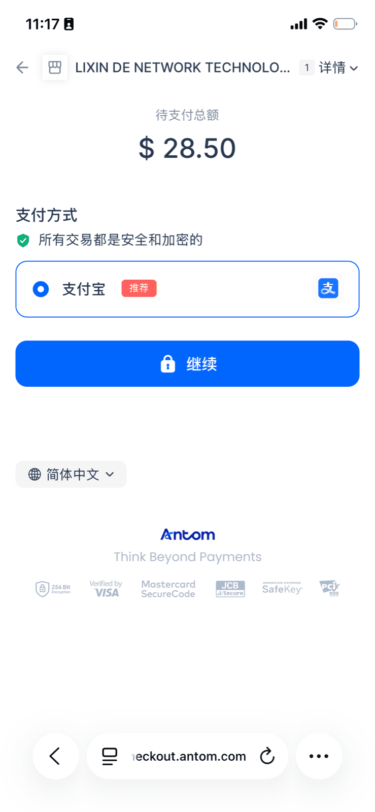 确认支付金额并继续付款